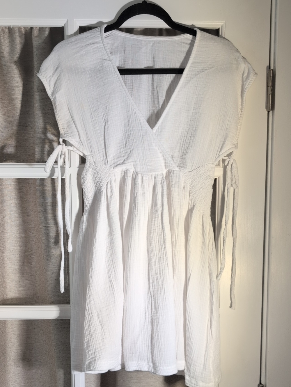 White Gauze V-Neck Tie Sleeve Mini Dress